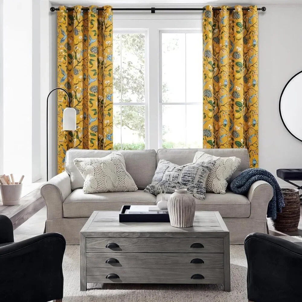 Floral Lemon Hummingbird Curtains Patterned Waverly Mid-Century Style